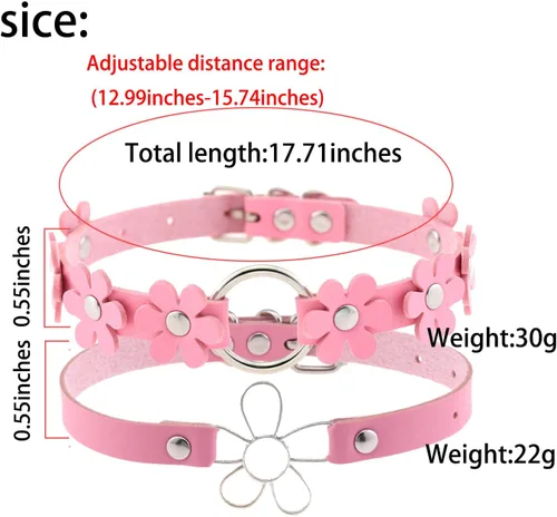 Vista 2 de Gargantilla gótica de PU para mujer, 2 piezas, anillo redondo, diseño de flores, collar de cuero para mujer