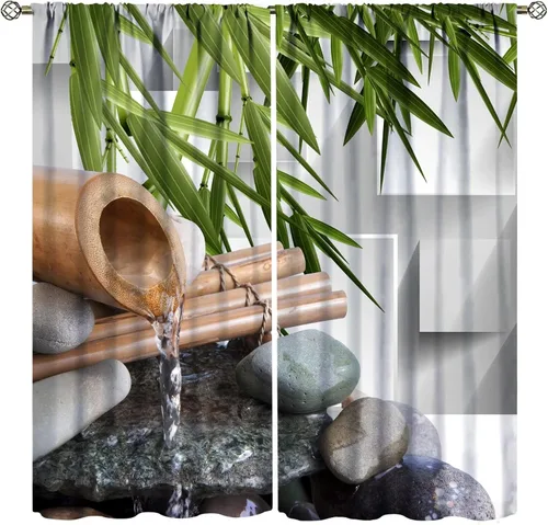 Vista 26 de Cortinas con estampado de bambú verde natural, plantas asiáticas, japonesas, tallos rústicos, hojas, cortina de selva con bolsillo para cortinero