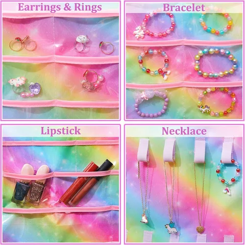Vista 4 de FIOBEE Organizador de joyas colgante para niñas, soporte de almacenamiento de joyas de unicornio con colgador para niños, aretes, collar, pulsera