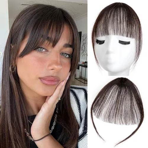 Vista 16 de Flequillo con clip, extensiones de cabello humano 100 % real, flequillo con clip para mujer, extensiones curvadas para uso diario