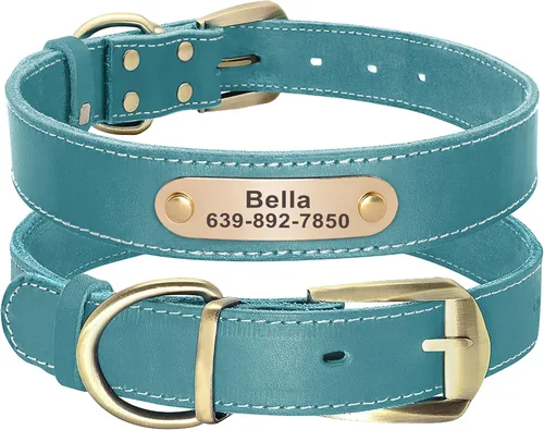 Vista 8 de Didog Collares de perro de cuero genuino con placa de identificación grabada, collar de perro de cuero suave personalizado con etiqueta de Verde