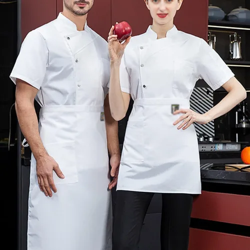 Vista 3 de Uniforme de chef para mujeres y hombres, chaqueta de chef de manga corta, ligera, cómoda para cocinar