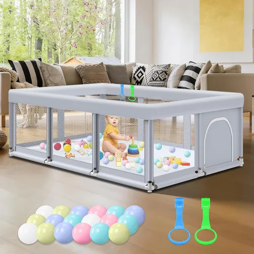 Vista 14 de Fshibila Corralito para bebés con alfombra, corralitos para bebés y niños pequeños, corralito de juego BabyFence para interiores y exteriores, patio