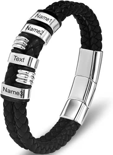 Vista 28 de Pulsera personalizada para hombre con cuentas de nombre personalizadas, pulsera de cuero trenzado personalizada grabada con 2-6 nombres