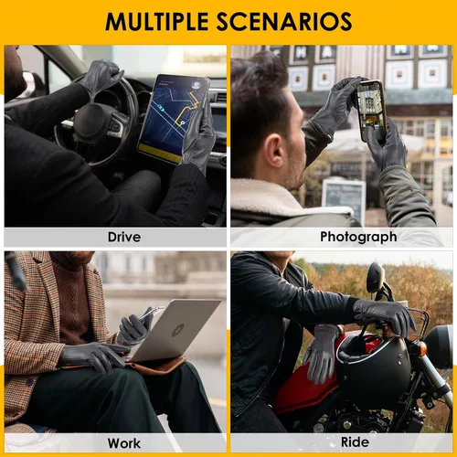 Vista 6 de Dsane Guantes de cuero de oveja genuina de invierno para hombres, guantes de motocicleta de conducción con forro de cachemira para pantalla táctil