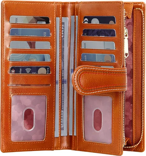 Vista 2 de VOCUS Cartera de cuero para mujer, billetera larga plegable de gran capacidad, tarjetero para tarjetas de crédito con cremallera para damas..
