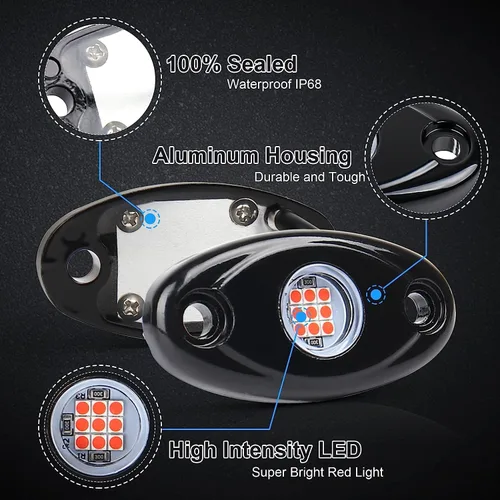 Vista 4 de 4 cápsulas de luces LED de rock, luces de roca rojas impermeables IP68, luces de neón subterráneas compatibles con Jeep, todoterreno, camionetas Rojo