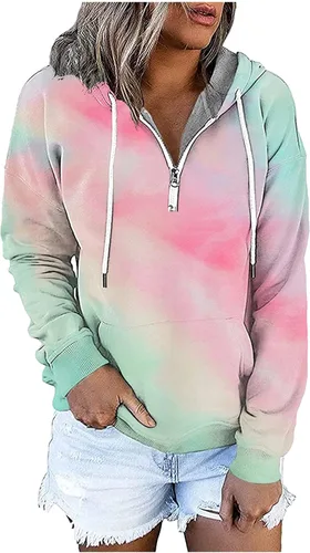Vista 5 de Sudadera con capucha y media cremallera para mujer, con cordón, atlética, moderna, con bolsillo frontal, manga larga, para otoño