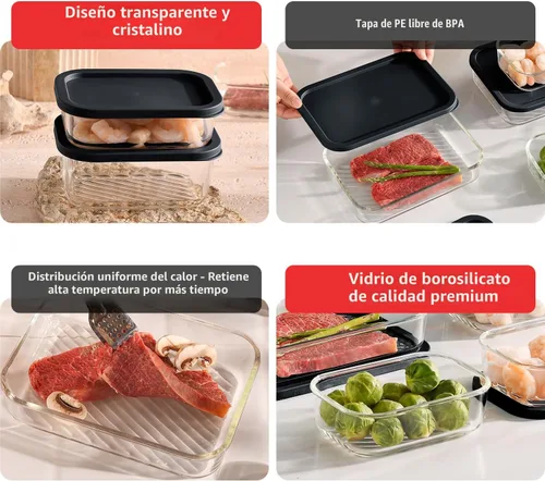 Vista 4 de EATEX Paquete de 6 recipientes de vidrio para preparación de comidas con base ranurada, 6 recipientes de almacenamiento de vidrio apilables sin BPA