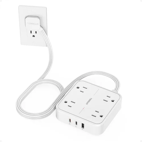Vista 17 de TESSAN Cable de extensión plano protector de sobretensiones de 1 pie, regleta de enchufe con anillo con 4 tomas, 3 puertos USB (1 USB C), protección