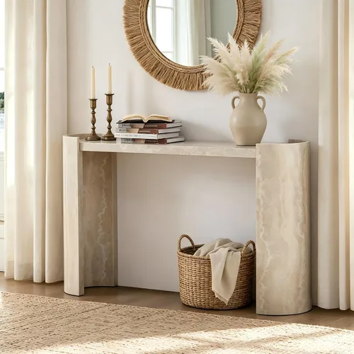 Vista 20 de Mesa de consola de entrada, sofá largo estrecho para pasillo, mesa de vestíbulo detrás del sofá, retro con cajón oculto, toma de corriente lateral