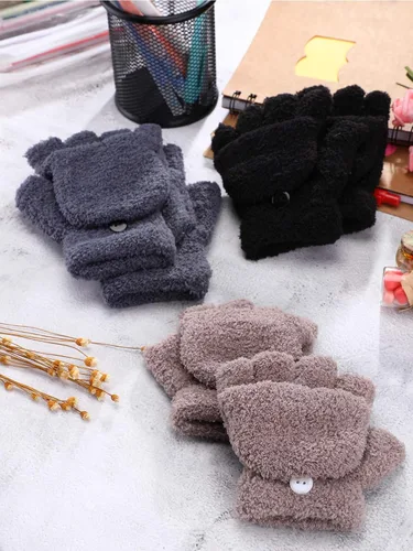 Vista 7 de 3 pares de guantes sin dedos para niños, guantes convertibles con tapa abatible, guantes de punto suave de invierno para niños y niñas