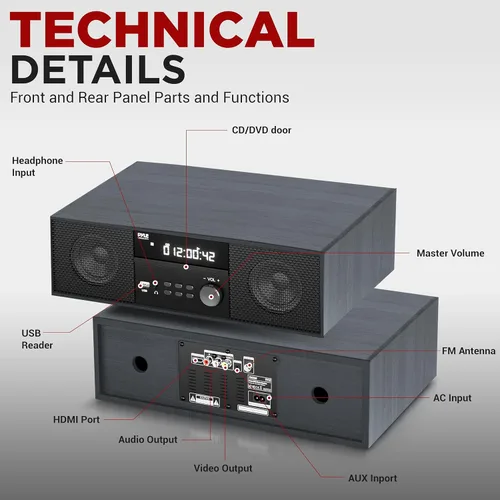 Vista 2 de Pyle Sistema de estante estéreo para CD/DVD para el hogar, reproductor de 200 W con micrófono inalámbrico, conectividad BT, radio Gris