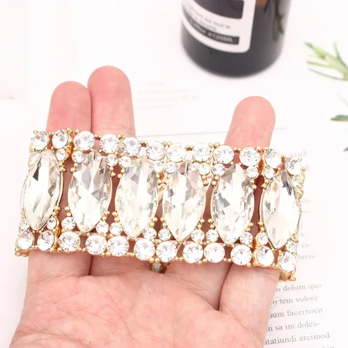 Vista 5 de Elegante brazalete elástico de doble fila con forma de marquesa de cristal para novia, joyería para mujer