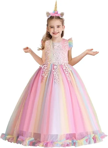 Vista 3 de Vestido de tul de unicornio arcoíris para niñas, vestido de princesa para cumpleaños, Halloween, Navidad, concurso de baile, fiesta de baile
