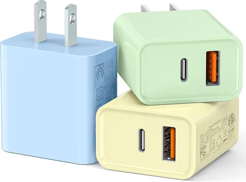 Vista 18 de Paquete de 3 cargadores de pared USB C, adaptador de corriente QC+PD 3.0 de doble puerto de 20 W, bloque de carga de doble enchufe rápido para Azul