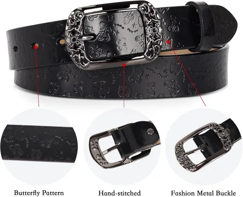 Vista 184 de Cinturón de cuero clásico con hebilla de metal para mujer con vestido de jeans