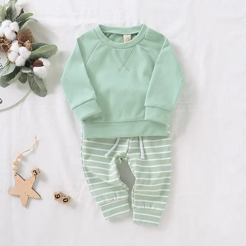 Vista 2 de Conjunto de sudadera para bebé niña y niña, conjunto de ropa de primavera e invierno de manga larga + pantalones a rayas, 2 piezas