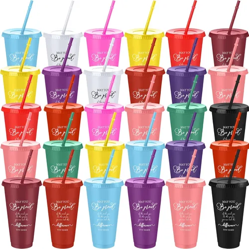 Vista 8 de Lallisa Paquete de 30 vasos de plástico de 16 onzas con tapas y pajitas, vasos de plástico reutilizables para café, regalos de agradecimiento a