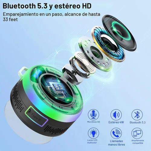 Vista 3 de Altavoz Bluetooth de ducha IPX7 impermeable, altavoces Bluetooth portátiles con ventosa y pantalla de tiempo, sonido de cristal y luz LED de graves