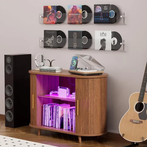 Vista 3 de Soporte grande para tocadiscos con luces LED, almacenamiento de discos de vinilo con estación de carga y puertos USB, gabinete para tocadiscos