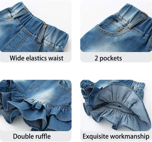 Vista 4 de TIBE PINCESS Pantalones cortos de mezclilla para niñas de 2 capas con volantes de encaje para niños, falda de entrenamiento de bebé, pantalones