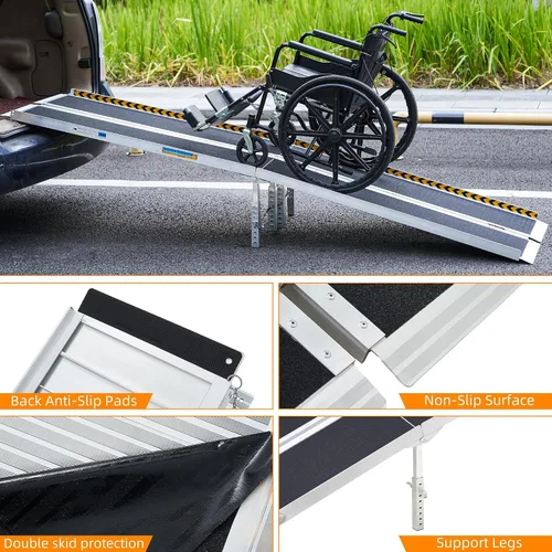Vista 6 de HABUTWAY Rampa para silla de ruedas de 9 pies, rampa portátil para silla de ruedas con patas de apoyo, rampas dobles antideslizantes con capacidad