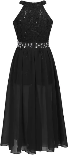 Vista 3 de Daenrui Vestido largo de encaje floral para niñas y niñas, con cuello halter, para baile de boda, fiesta de baile