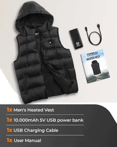 Vista 8 de Foxelli Chaleco calefactado para hombre, chaleco ligero recargable por USB, con batería incluida, Negro