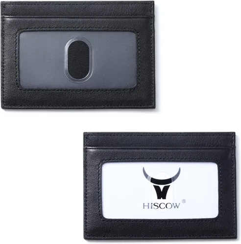 Vista 6 de Tarjetero delgado de cuero, pequeño estuche de identificación para hombres y mujeres (negro)