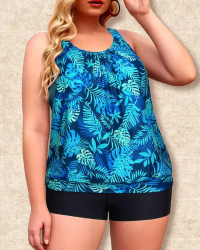 Vista 5 de Yonique - Tankinis para mujer, de dos piezas, parte superior estilo blusón con pantalones cortos para nadar, talla extragrande