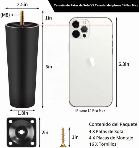 Vista 3 de Patas de plástico para muebles de 6 pulgadas, patas de sofá con tornillos de rosca M8 expuestos de 1 pulgada, juego de 4 patas cónicas