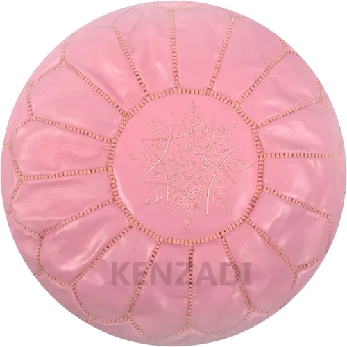 Vista 4 de Kenzadi Funda para puf otomano de cuero genuino cosida a mano en Marrakech por artesanos marroquíes, reposapiés, sin relleno (rosa claro por rosa)