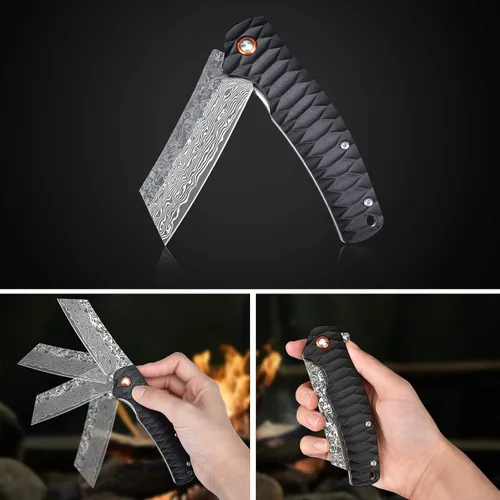 Vista 8 de Cuchillo de bolsillo AUBEY de Damasco, hoja de acero de Damasco de 3.34" con molino hueco, cuchillo plegable con rodamiento de bola, mango