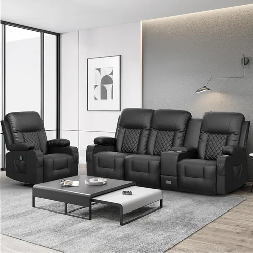 Vista 5 de YONISEE - Juego de sofá reclinable moderno - Sofá de 3 asientos y 1 silla reclinable giratoria con calor y masaje para sala de estar (3+1)