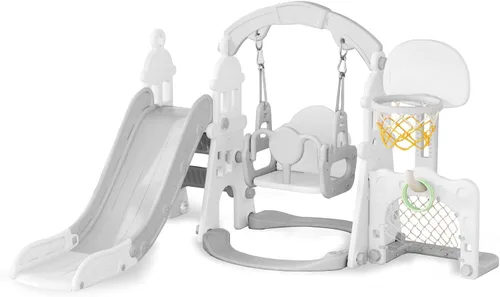 Vista 9 de XJD - Juego de tobogán y columpio 6 en 1 para niños pequeños, tobogán para niños de 1 año en adelante, juego de exterior para niños pequeños con aro
