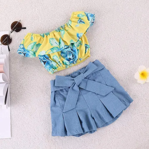 Vista 8 de Conjunto de blusa corta con volantes y hombros descubiertos y falda de mezclilla con lazo y falda de verano para niñas