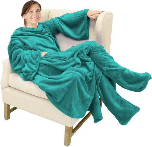 Vista 16 de Catalonia - Manta de vestir de vellón con mangas y compartimientos para los pies, para mujeres y hombres, manta de microfelpa cómoda y envolvente