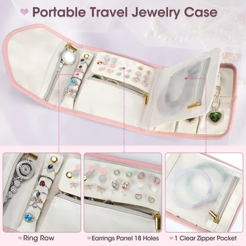 Vista 3 de Joyero organizador para mujeres y niñas, 2 capas de viaje con rollo de joyería plegable, juego de almacenamiento de joyas de cuero para anillos