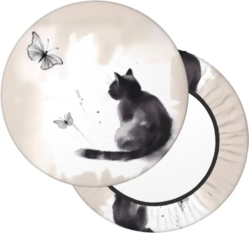 Vista 2 de Ouqiuwa Funda redonda para taburete de bar con diseño de mariposa, diseño de gato, color negro Reloj Gato Negro Mariposa