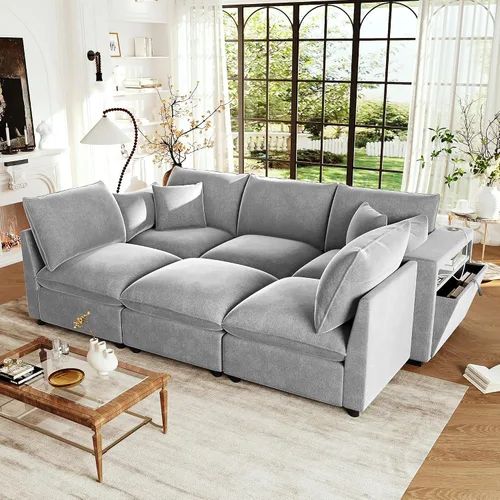 Vista 22 de JIVOIT Sofá modular modular de 93.7 pulgadas con otomana móvil, moderno en forma de U, sofá cama en forma de L con reposabrazos de almacenamiento