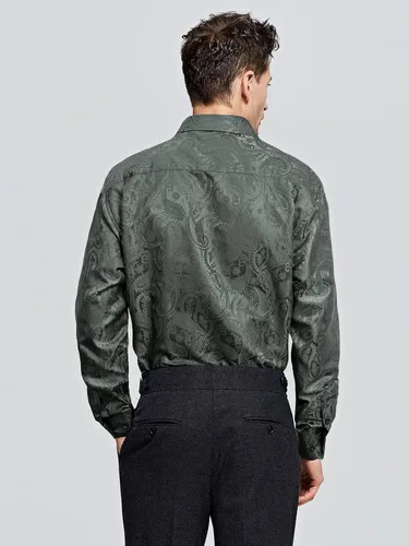 Vista 4 de HISDERN Camisas de vestir de satén brillante para hombre, de lujo, floral, jacquard, de manga larga, a la moda, para bodas, fiestas, bailes