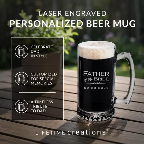 Vista 2 de Lifetime Creations Taza de cerveza personalizada grabada con el padre de la novia, 25 onzas, regalo de boda para papá, apto para lavavajillas