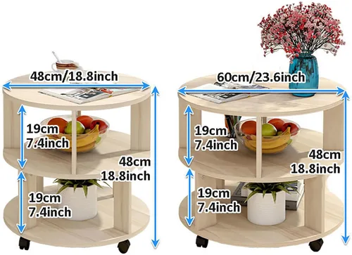 Vista 6 de Mesa auxiliar redonda moderna con almacenamiento, mesita de noche con estantes de 2 niveles, mesa de centro pequeña de madera con ruedas, mesa