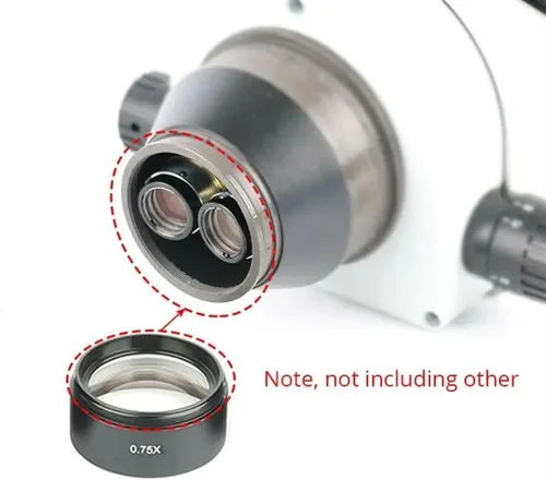 Vista 7 de Kit de accesorios para microscopio, microscopio, lente auxiliar 0.3X/0.75X/1.5X, objetivos auxiliares, microscopio estéreo, lente Barlow M48 rosca
