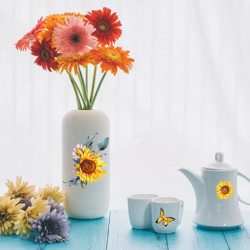 Vista 6 de Calcomanías de pared de girasol de acuarela, creativas calcomanías de pared de flores amarillas 3D, calcomanías de mariposa de sol para despegar