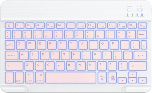 Vista 9 de OMOTON Teclado Bluetooth, teclado inalámbrico recargable para iPad, iPad Pro, iPad mini, iPad Air con LED iluminado (negro)