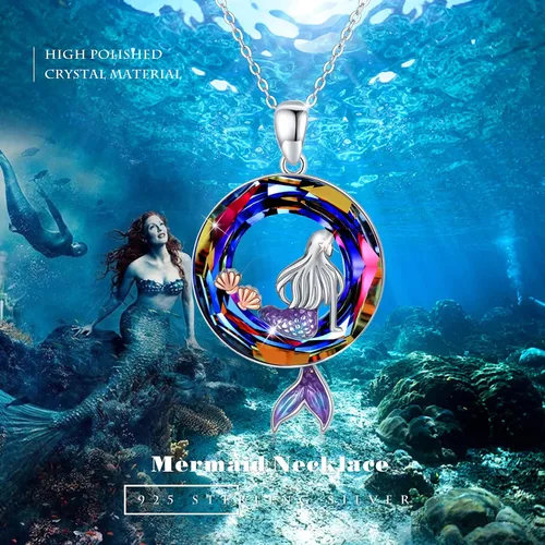 Vista 2 de Collares de sirena de forma redonda con dije de océano de cristal, delicado collar de plata de ley con estrellas de mar y playa, lindos regalos
