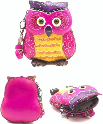 Vista 8 de Handmade Vintage Genuine Leather 3D Animal Owl Coin Purse with Removable Wrist Strap (Brown)