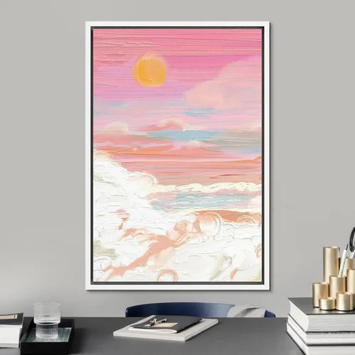 Vista 2 de SIGNFORD Lienzo enmarcado para pared, acuarela pastel, rosa, puesta de sol, nube, naturaleza, ilustraciones de área silvestre, arte moderno